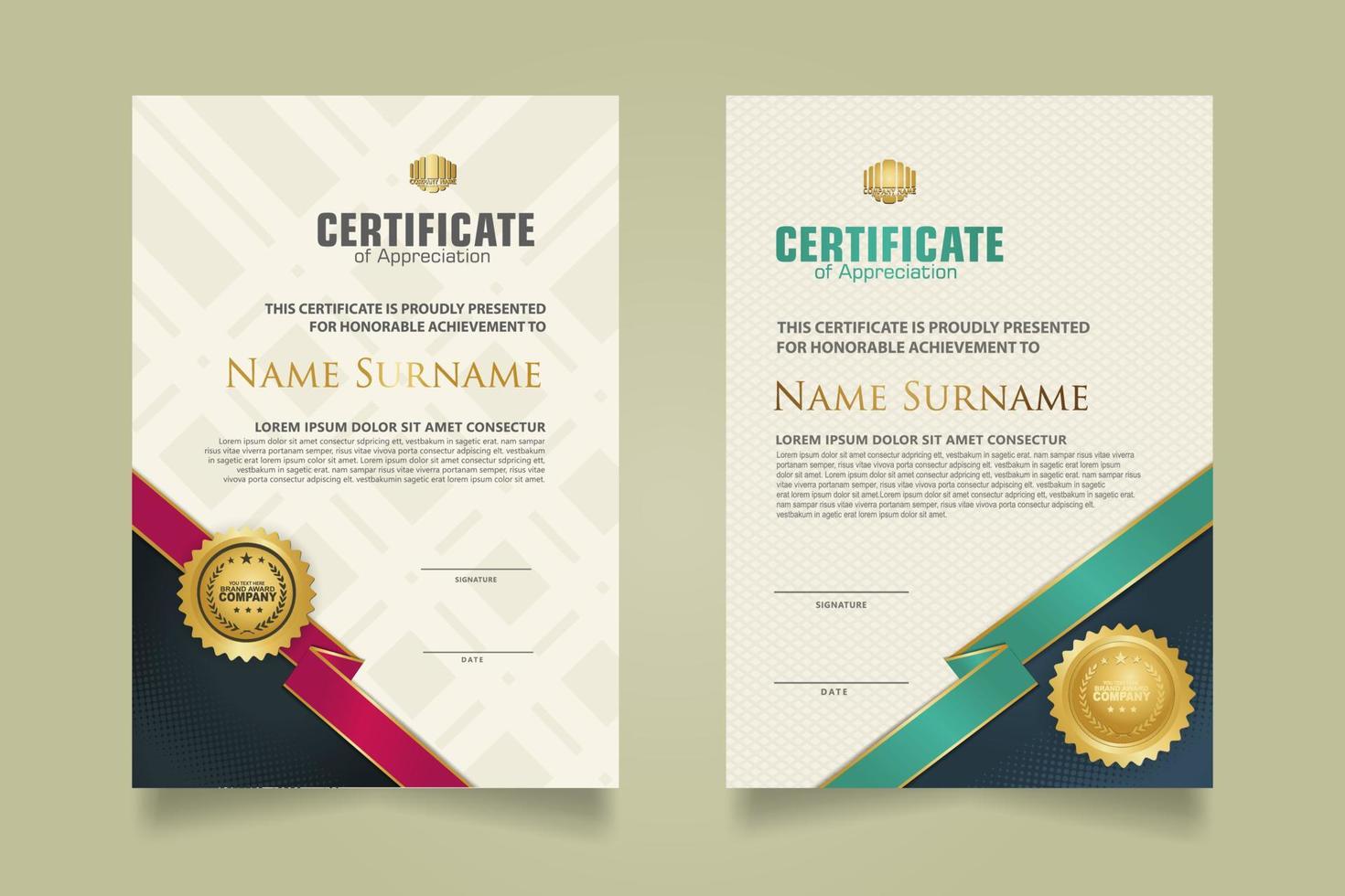 reeks certificaat sjabloon met lint strepen ornament en modern structuur patroon achtergrond. diploma. vector illustratie