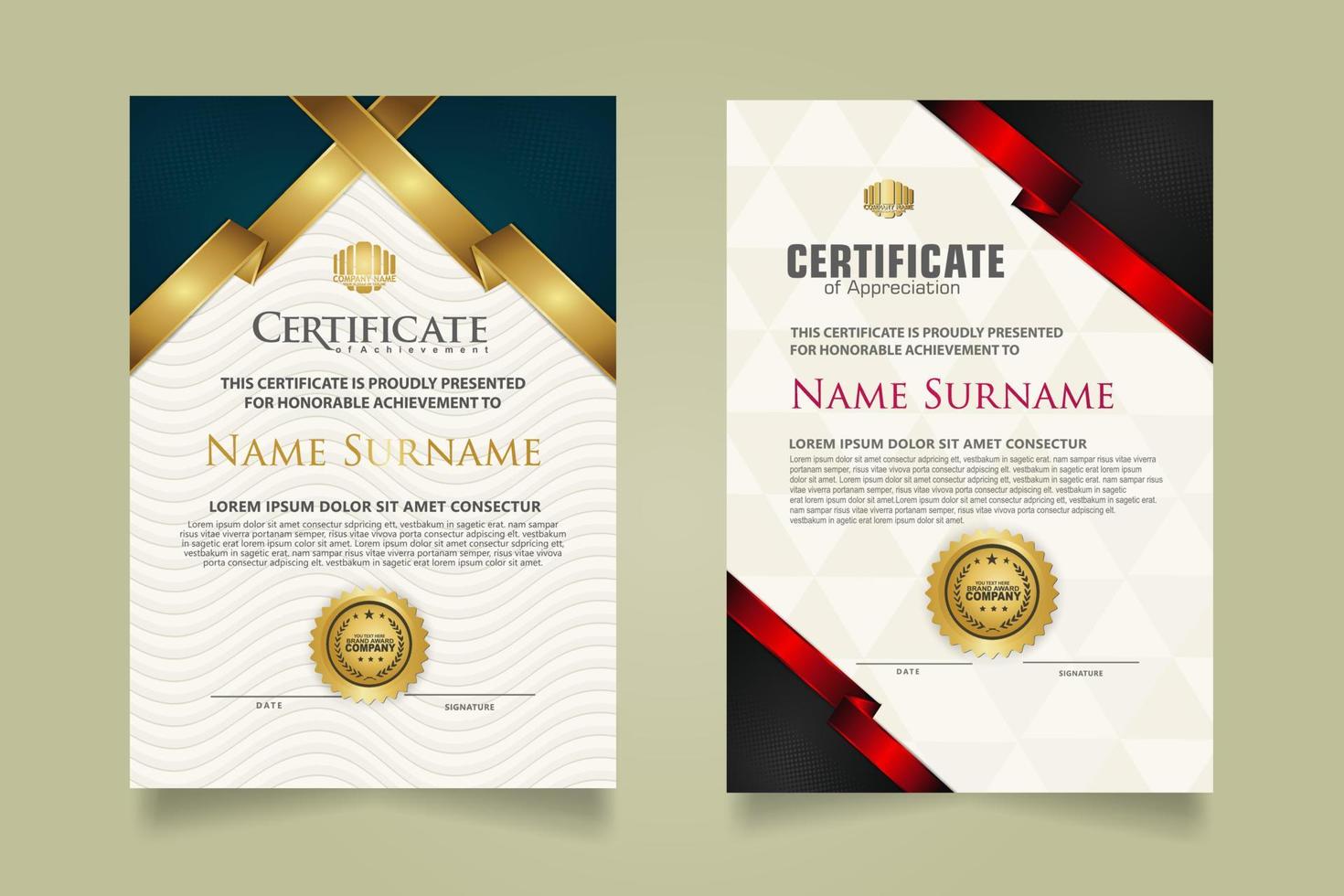 reeks certificaat sjabloon met lint strepen ornament en modern structuur patroon achtergrond. diploma. vector illustratie