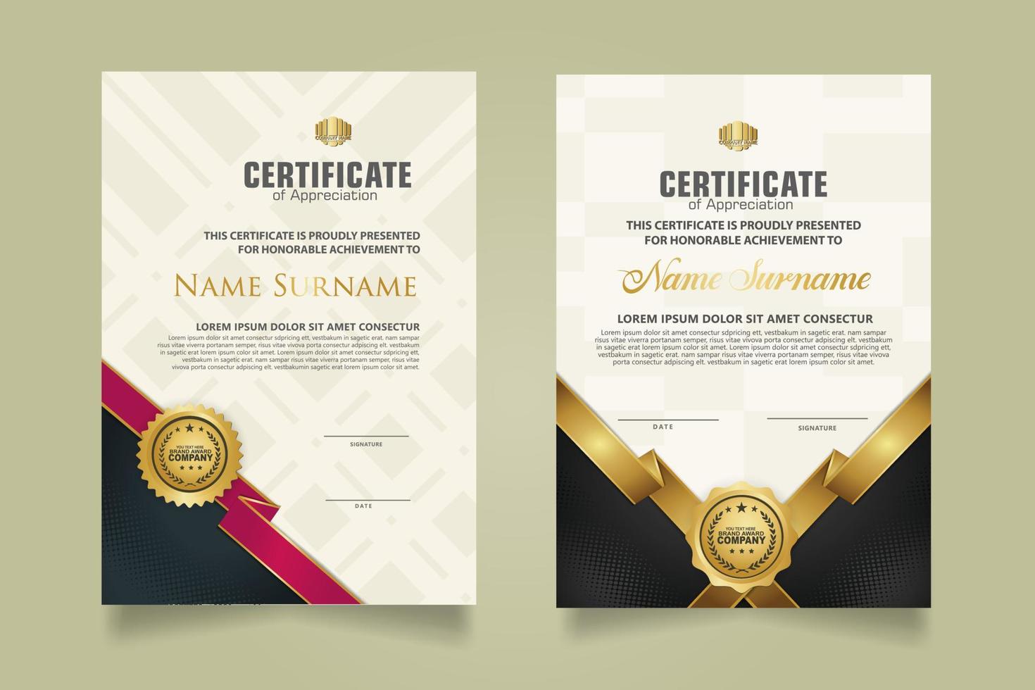 reeks certificaat sjabloon met lint strepen ornament en modern structuur patroon achtergrond. diploma. vector illustratie