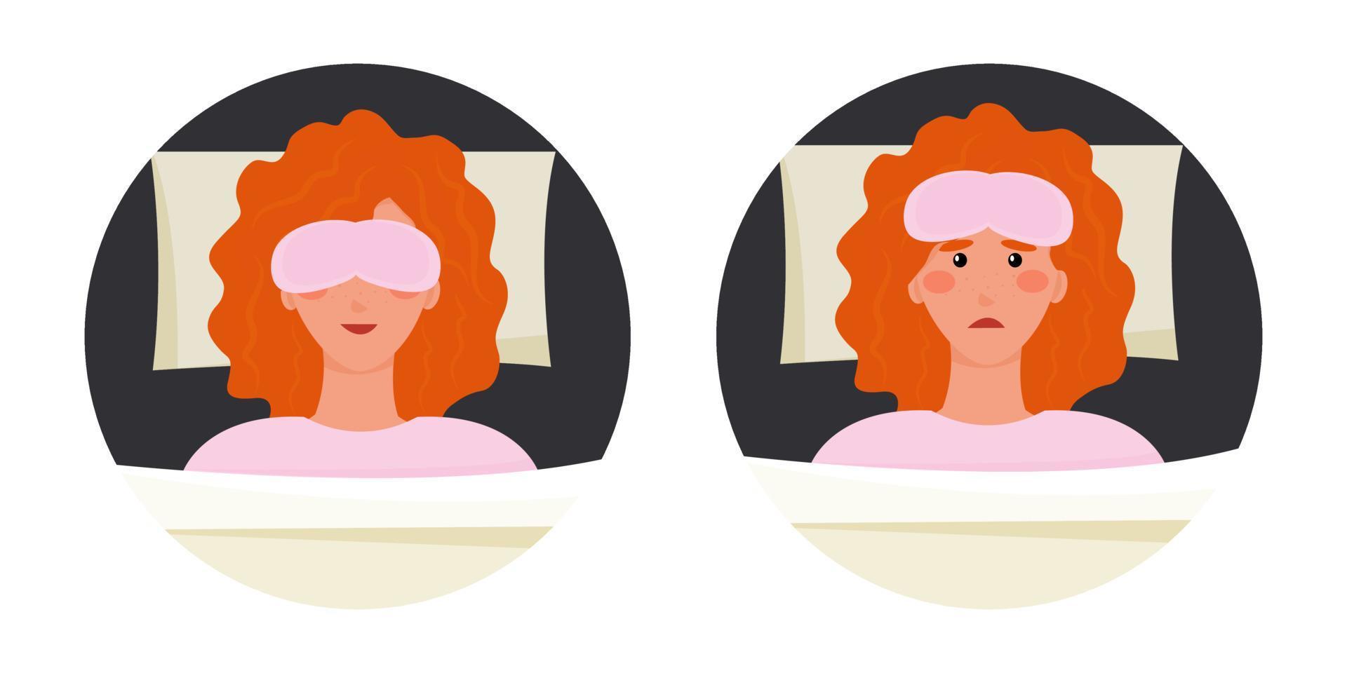 gezond nacht slaap en slapeloosheid. vrouw in bed. slapen in een slaap masker. persoon kan niet slaap. 2 tegenover concepten. voordat en na nemen vitamines voor slaap. mentaal Gezondheid. vector illustratie, vlak