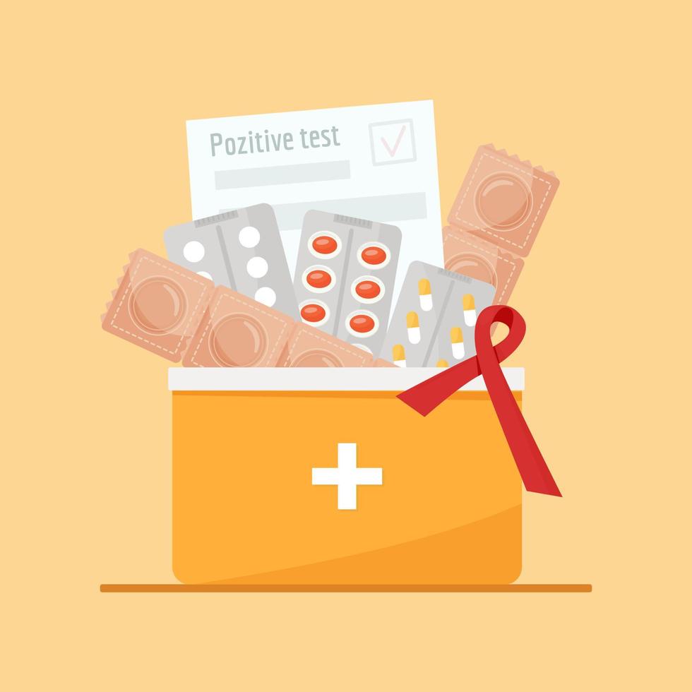 eerste steun uitrusting met een positief hiv testen. condoom, geneesmiddelen, rood lintje. wereld AIDS dag symbool. veilig seks. bewustzijn, behandeling. vector illustratie, vlak