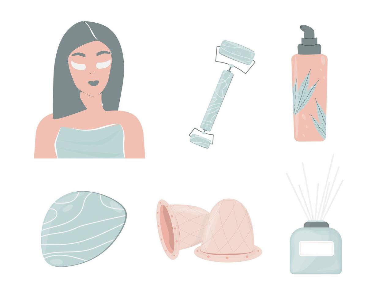 ochtend- routine- set. meisje met patches tegen wallen en blauwe plekken onder de ogen. cosmetica. items voor massage en lymfatisch afwatering. skinimisme. schoonheid rituelen. vector illustratie, vlak