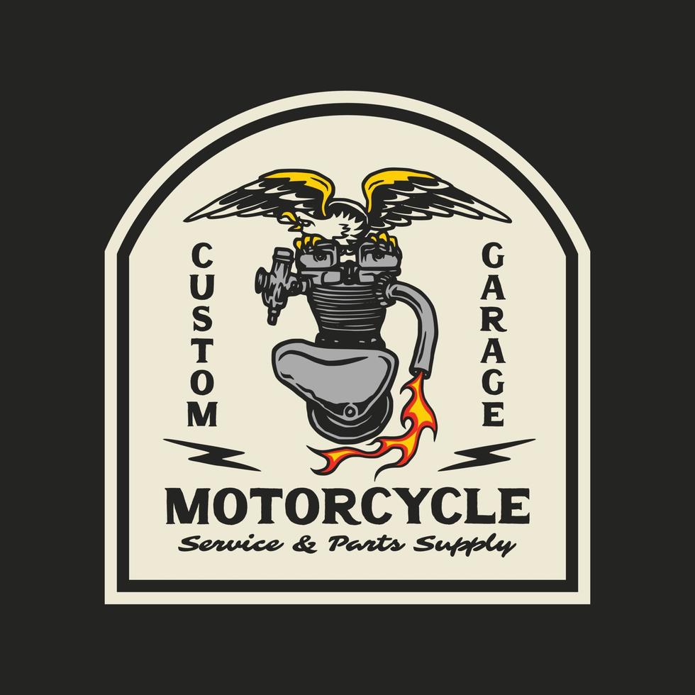 hand- getrokken wijnoogst stijl van mascotte motorfiets en garage logo insigne vector