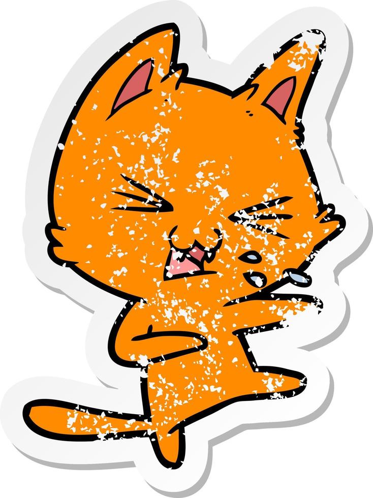 verontruste sticker van een cartoonkat die sist vector