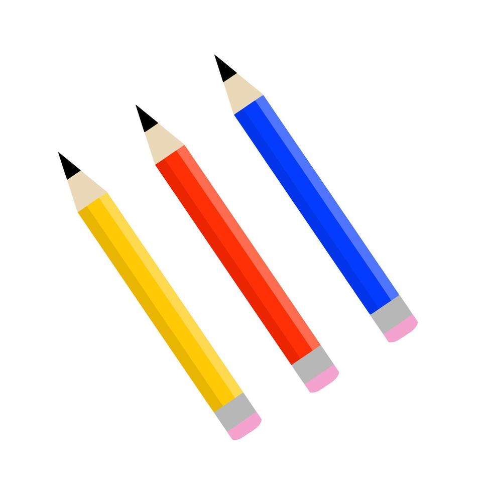reeks van gekleurde potloden. icoon voor creativiteit en tekening. kinderen hobby's en amusement. rood, blauw en geel briefpapier. vlak tekenfilm vector