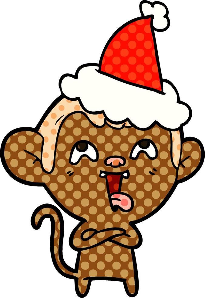 gekke stripboekstijlillustratie van een aap die een kerstmuts draagt vector