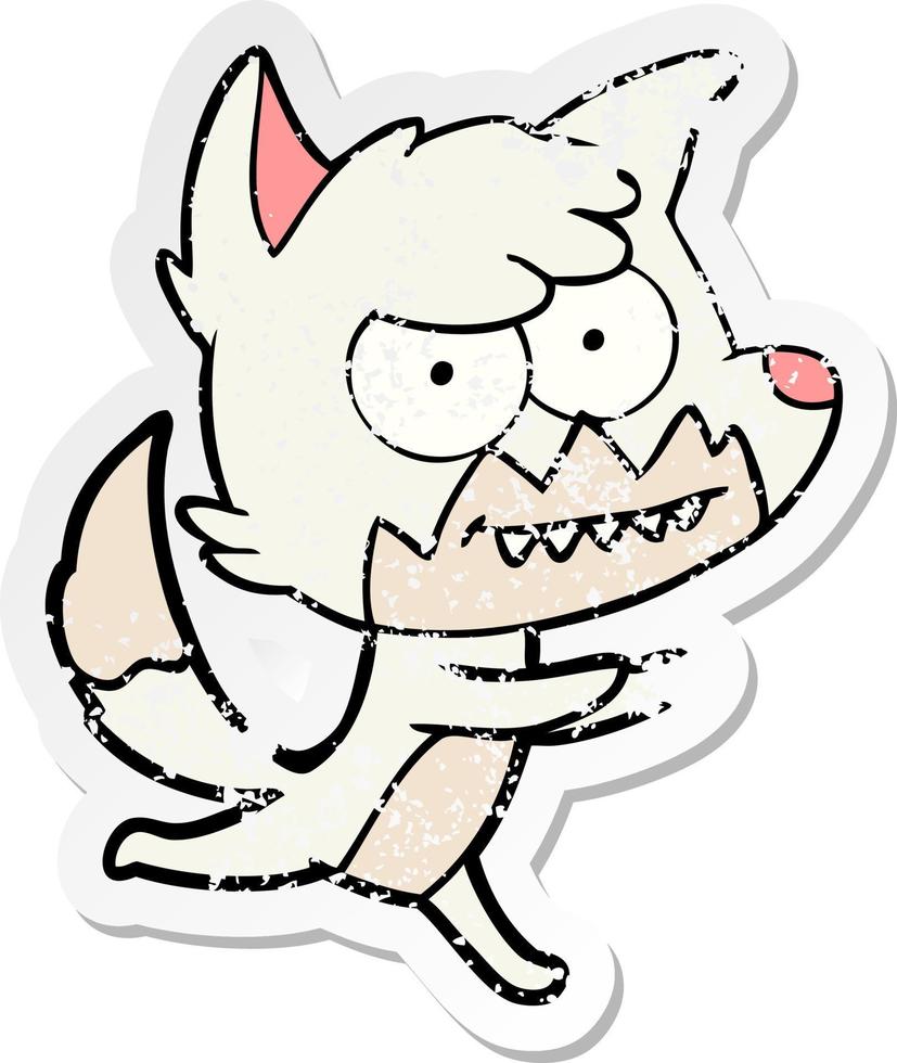 verontruste sticker van een cartoon grijnzende vos vector