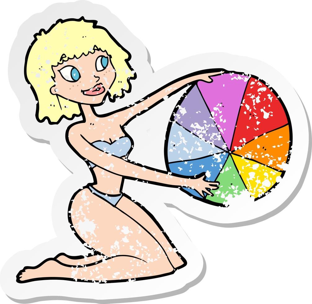 retro verontruste sticker van een cartoon bikinimeisje met strandbal vector