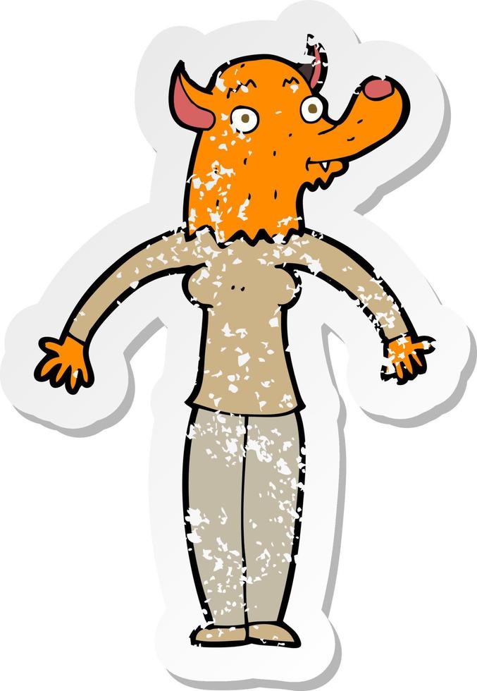 retro verontrust sticker van een tekenfilm vriendelijk vos vrouw vector