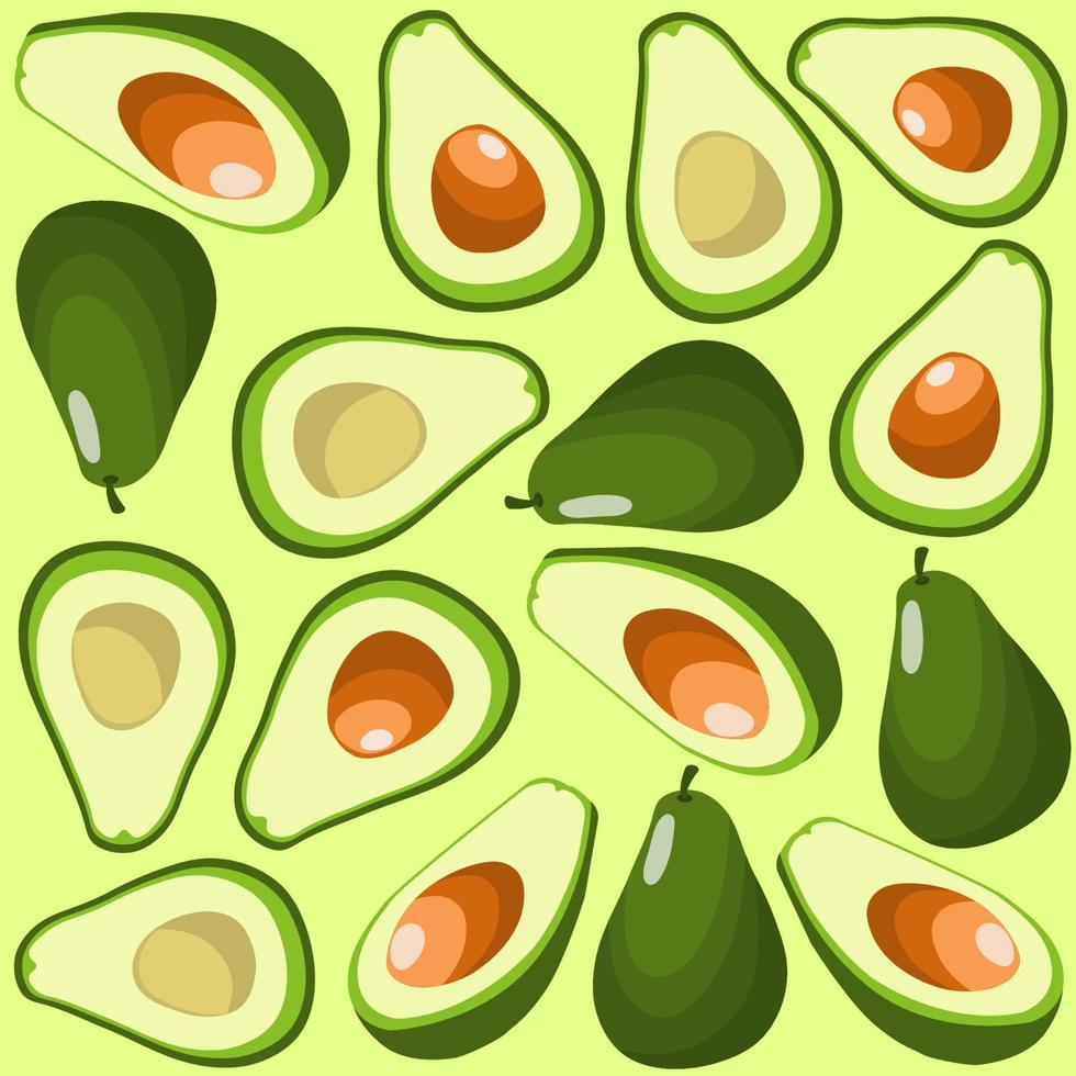 naadloos patroon met avocado in verschillend hoeken. gezond veganistisch voedsel. rauw voedsel ingrediënt. kleurrijk tekenfilm vector illustratie.
