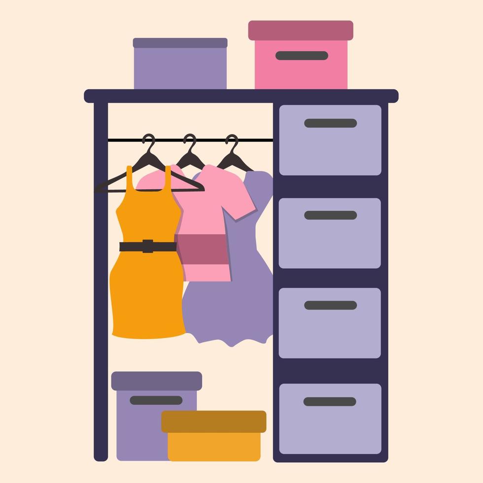vrouwen kast met kleren. kleren hangen Aan hangers. items Ingepakt in dozen. tekenfilm vector illustratie.