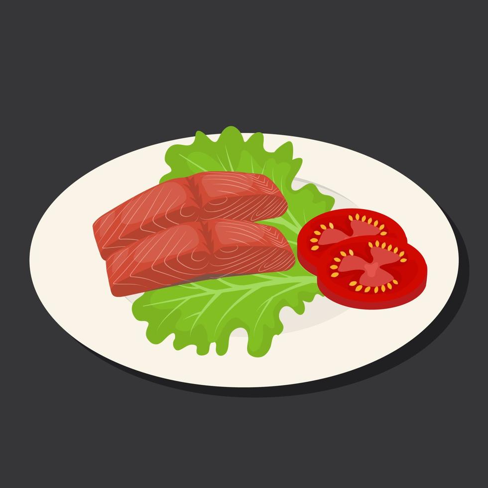 ontbijt met Zalm filet, sla en tomaat in tekenfilm stijl. vector illustratie.