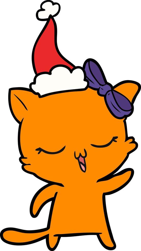 lijntekening van een kat met een strik op het hoofd die een kerstmuts draagt vector