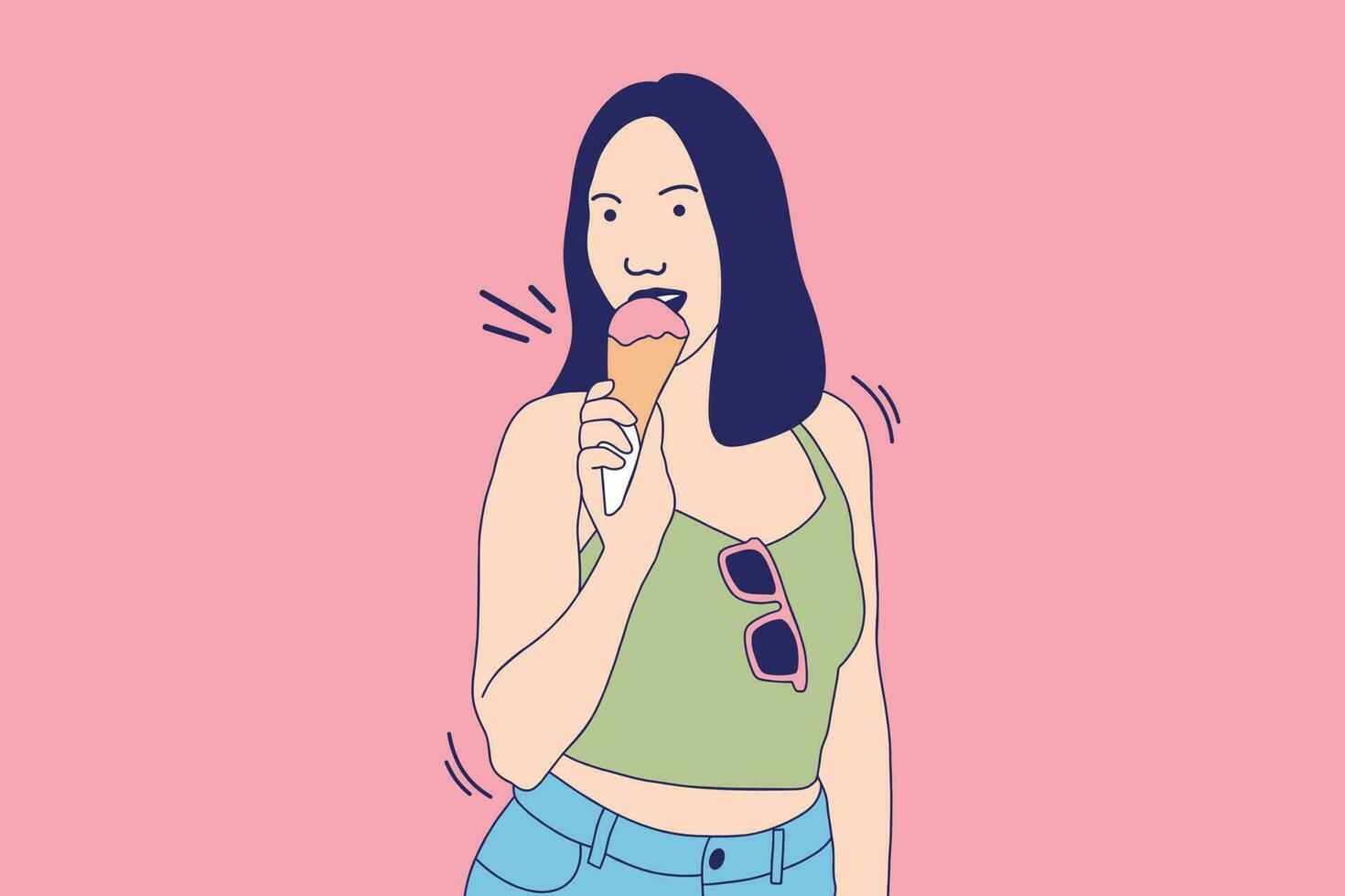 illustraties mooi jong vrouw aan het eten aardbei ijs room Bij zomer vector