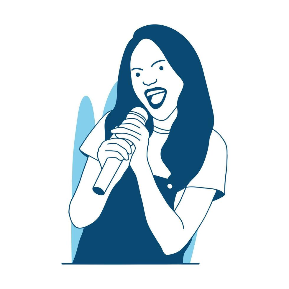 vlak stijl vector illustratie mooi het zingen meisje karaoke gelukkig partij houden microfoon