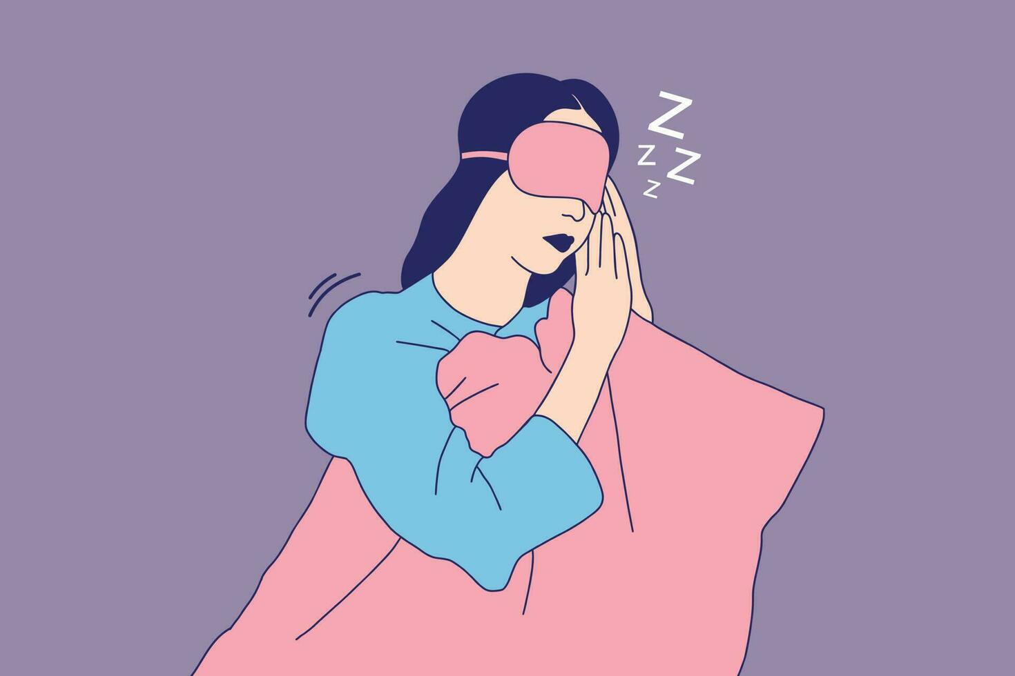 illustraties van mooi jong meisje met slaap masker aan het liegen Aan bed in de nacht vector