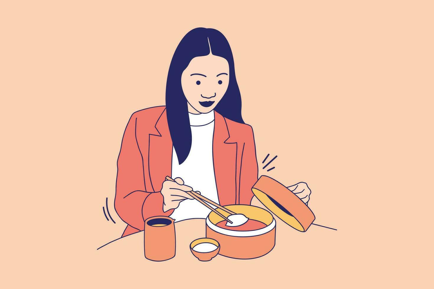 illustraties van mooi jong vrouw aan het eten knoedels in bamboe stoomboot Bij tafel vector