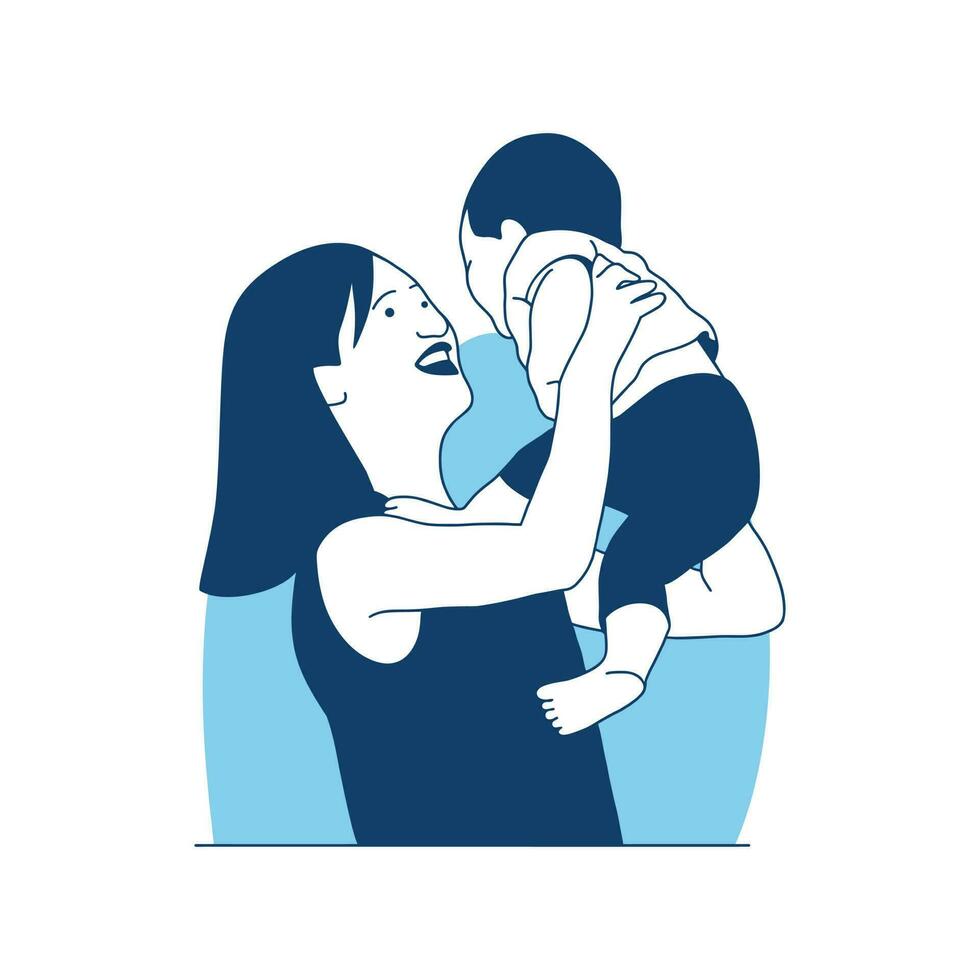 vlak stijl vector illustratie jong mam Holding haar schattig baby omhoog, moeders dag