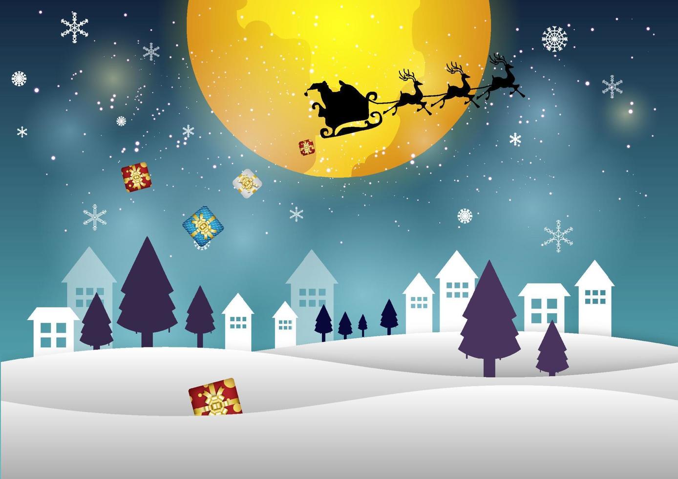 Kerstmis illustratie met sneeuw, dorp, bomen en de kerstman cruz rijden hert, geven cadeaus door groot geel maan, gemaakt van vector. vector