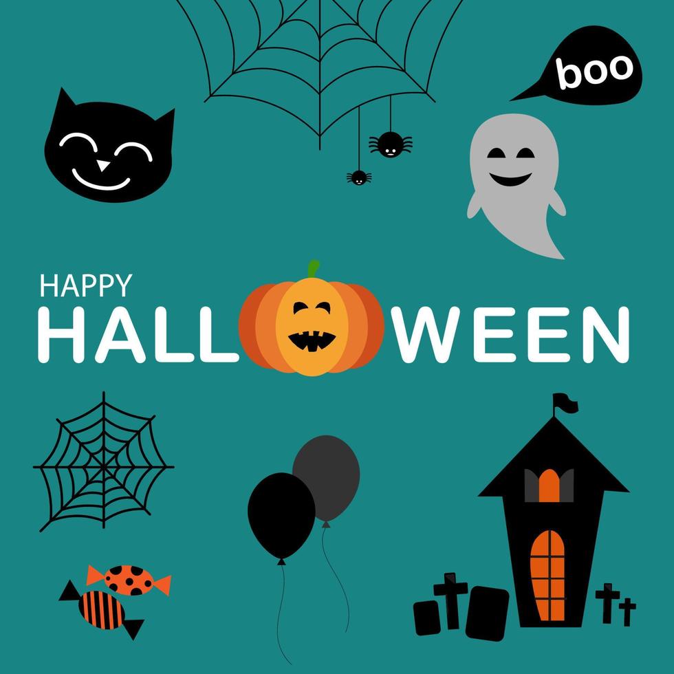 schattig vector reeks met halloween illustraties en pictogrammen reeks Aan blauw achtergrond.