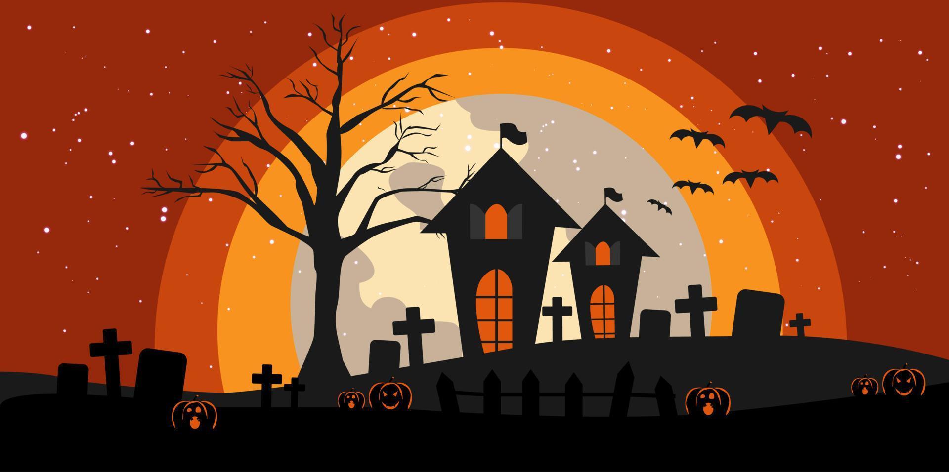 halloween banier met pompoen . vector vlak illustratie. vol maan nacht in spookachtig Woud.