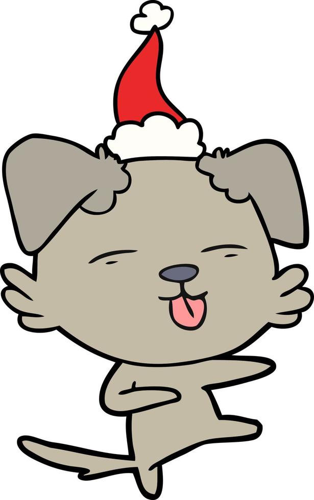 lijntekening van een dansende hond met een kerstmuts op vector