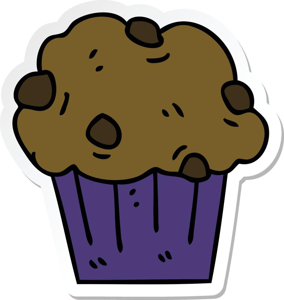 sticker van een eigenzinnig hand- getrokken tekenfilm chocola muffin taart vector