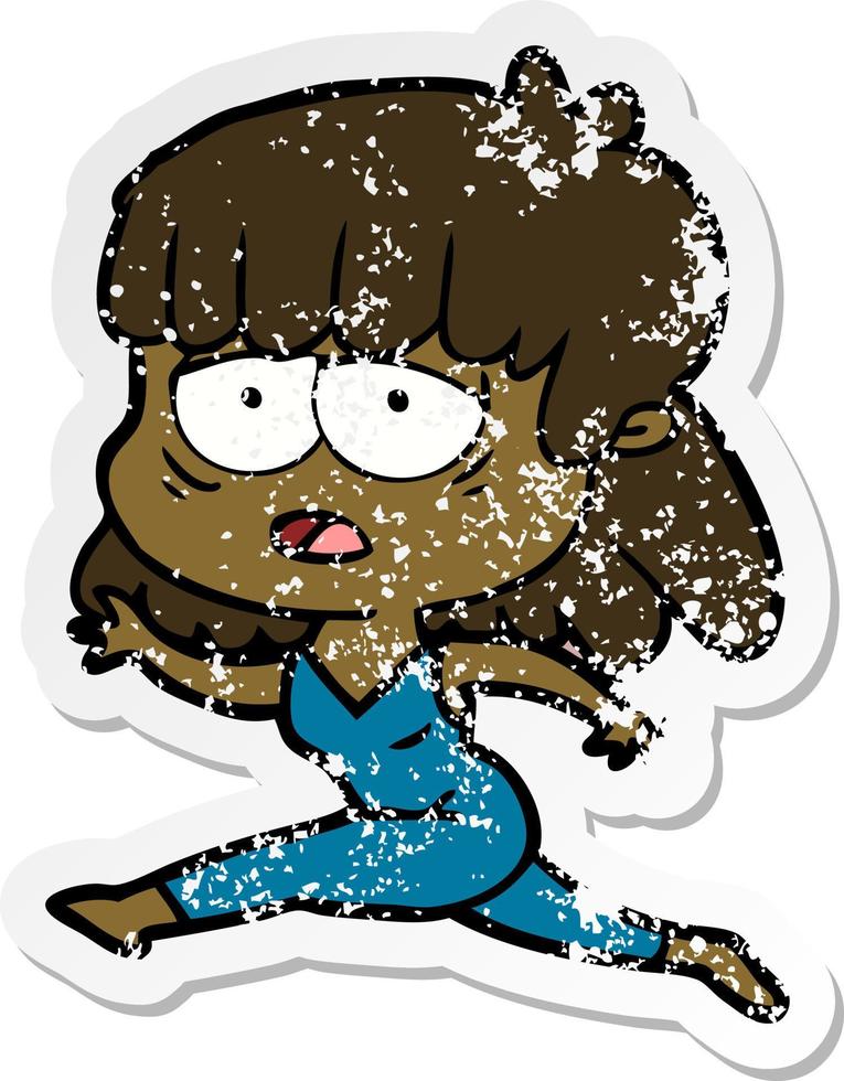 verontruste sticker van een cartoon vermoeide vrouw vector