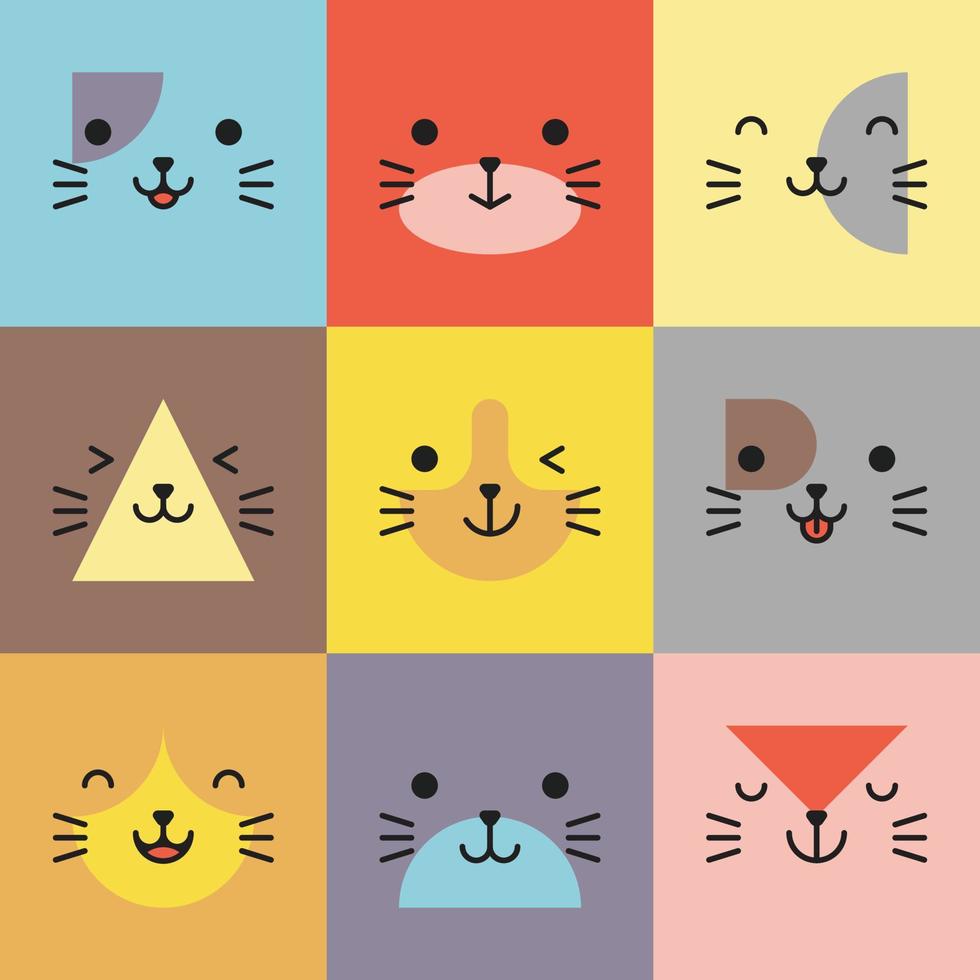 set van verschillende avatars van gezichtsuitdrukkingen van katten. schattige schattige baby dierlijke hoofd vectorillustratie. eenvoudig ontwerp van gelukkig lachend dierlijk beeldverhaal gezicht emoticon. afbeeldingen en kleurrijke achtergronden. vector