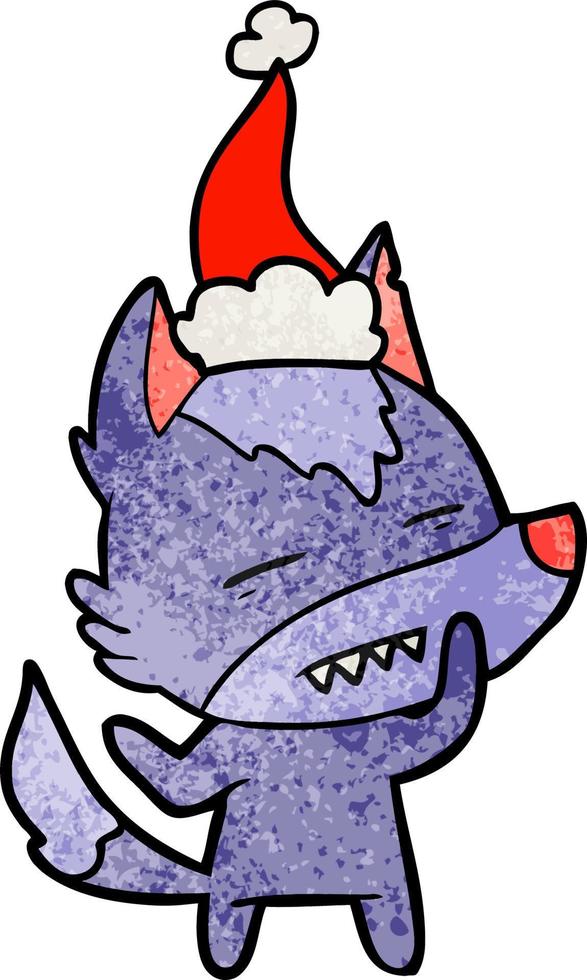 getextureerde cartoon van een wolf met tanden die een kerstmuts dragen vector