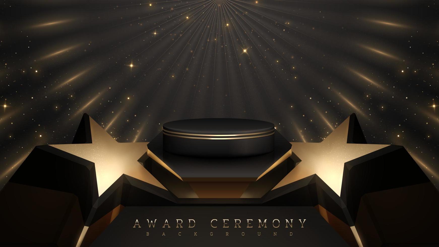 Product Scherm podium en 3d gouden ster Aan zwart luxe achtergrond met licht Effecten decoratie. prijs ceremonie tafereel concept. vector