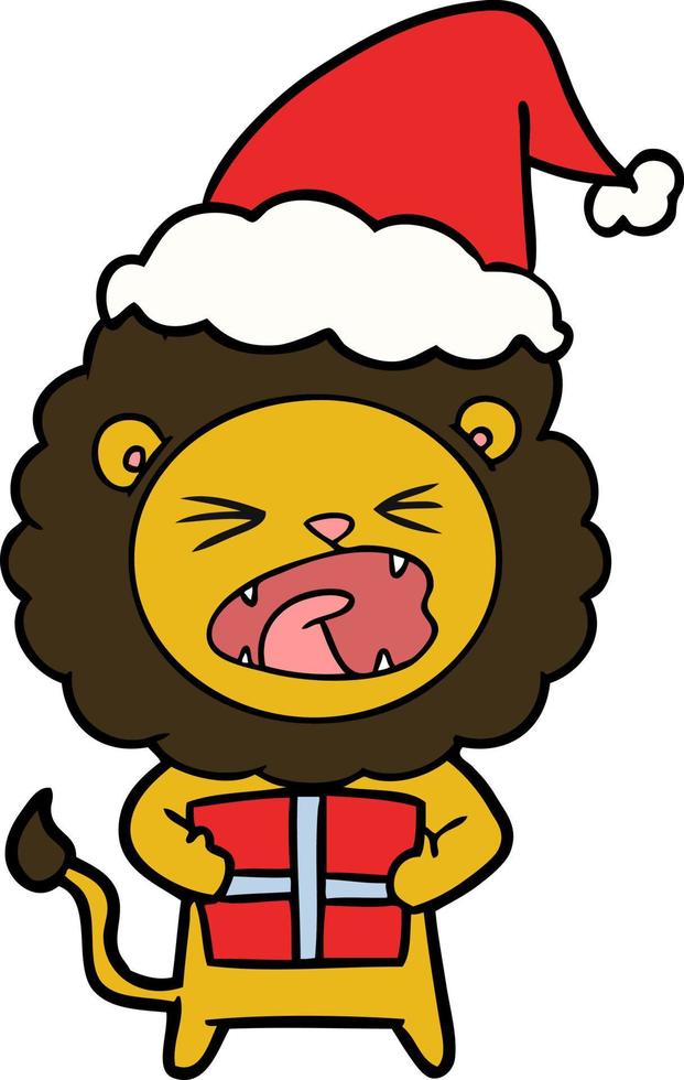 lijntekening van een leeuw met kerstcadeau met kerstmuts vector