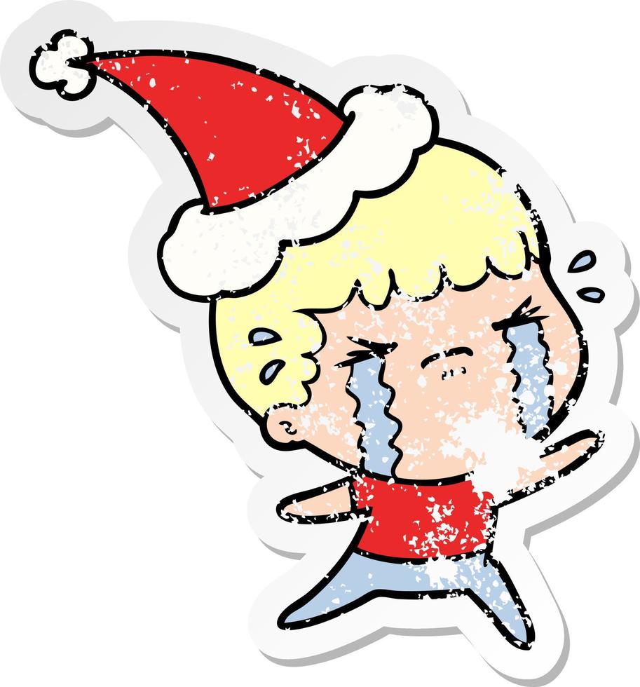 verontruste sticker cartoon van een huilende man met een kerstmuts vector