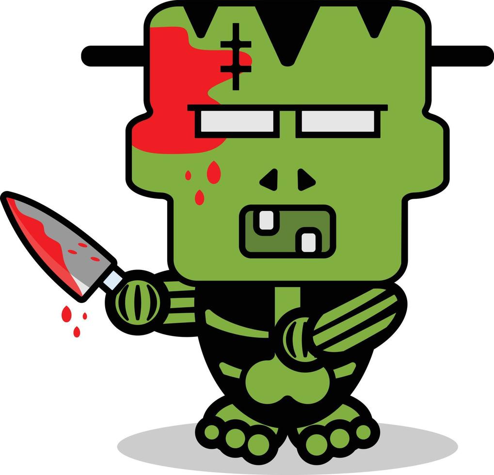 schattig frankenstein bot mascotte karakter tekenfilm vector illustratie Holding bloederig mes