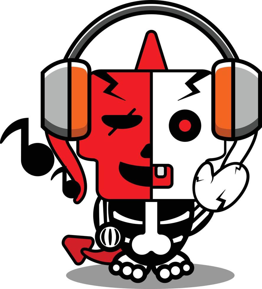 halloween tekenfilm rood duivel bot mascotte karakter vector illustratie schattig schedel luisteren naar muziek-