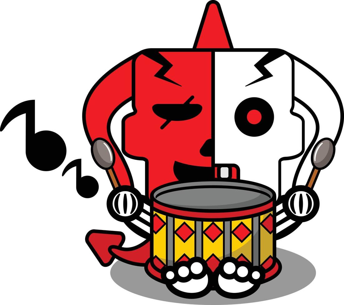 halloween tekenfilm rood duivel bot mascotte karakter vector illustratie schattig schedel spelen drums