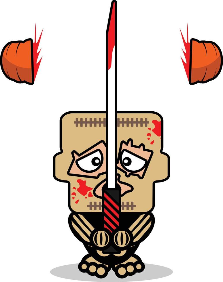 schattig leergezicht bot mascotte karakter tekenfilm vector illustratie Holding bloederig zwaard