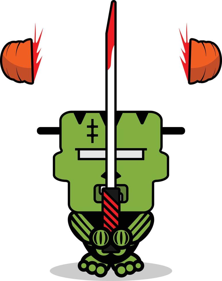 schattig frankenstein bot mascotte karakter tekenfilm vector illustratie Holding bloederig zwaard
