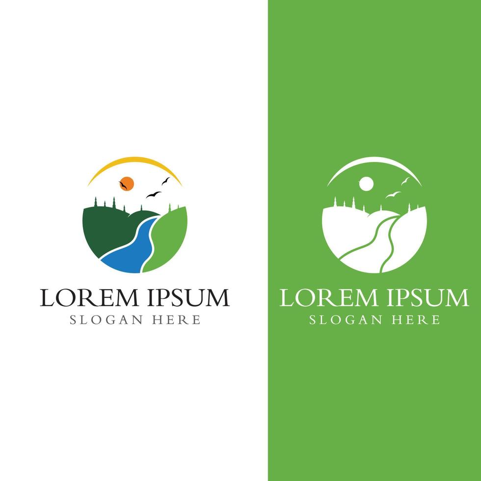 logos van rivieren, kreken, rivieroevers en stromen. rivier- logo met combinatie van bergen en bouwland met concept ontwerp vector illustratie sjabloon.