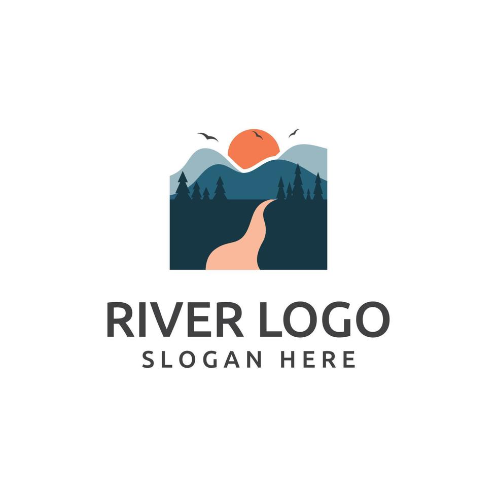 logos van rivieren, kreken, rivieroevers en stromen. rivier- logo met combinatie van bergen en bouwland met concept ontwerp vector illustratie sjabloon.