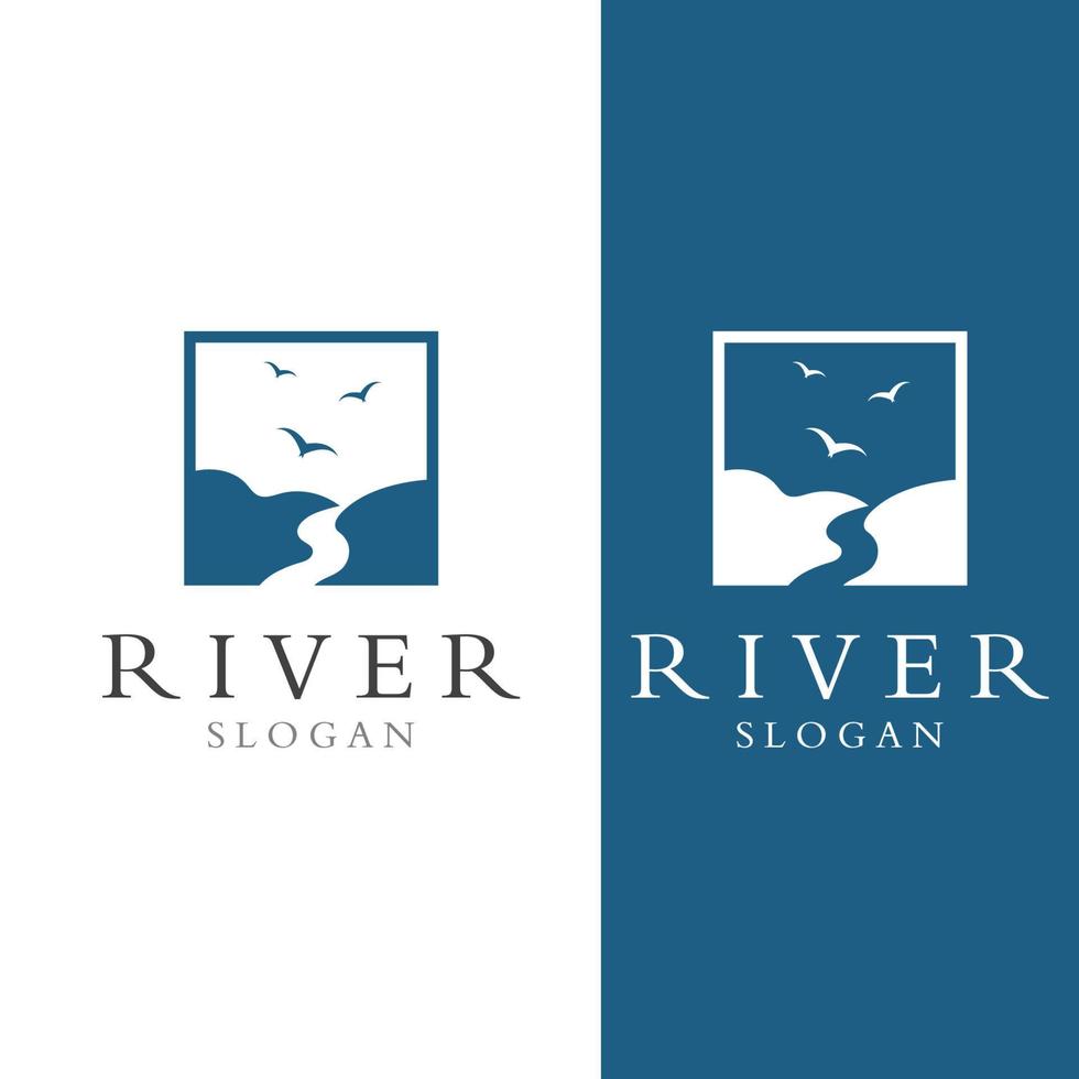 logos van rivieren, kreken, rivieroevers en stromen. rivier- logo met combinatie van bergen en bouwland met concept ontwerp vector illustratie sjabloon.