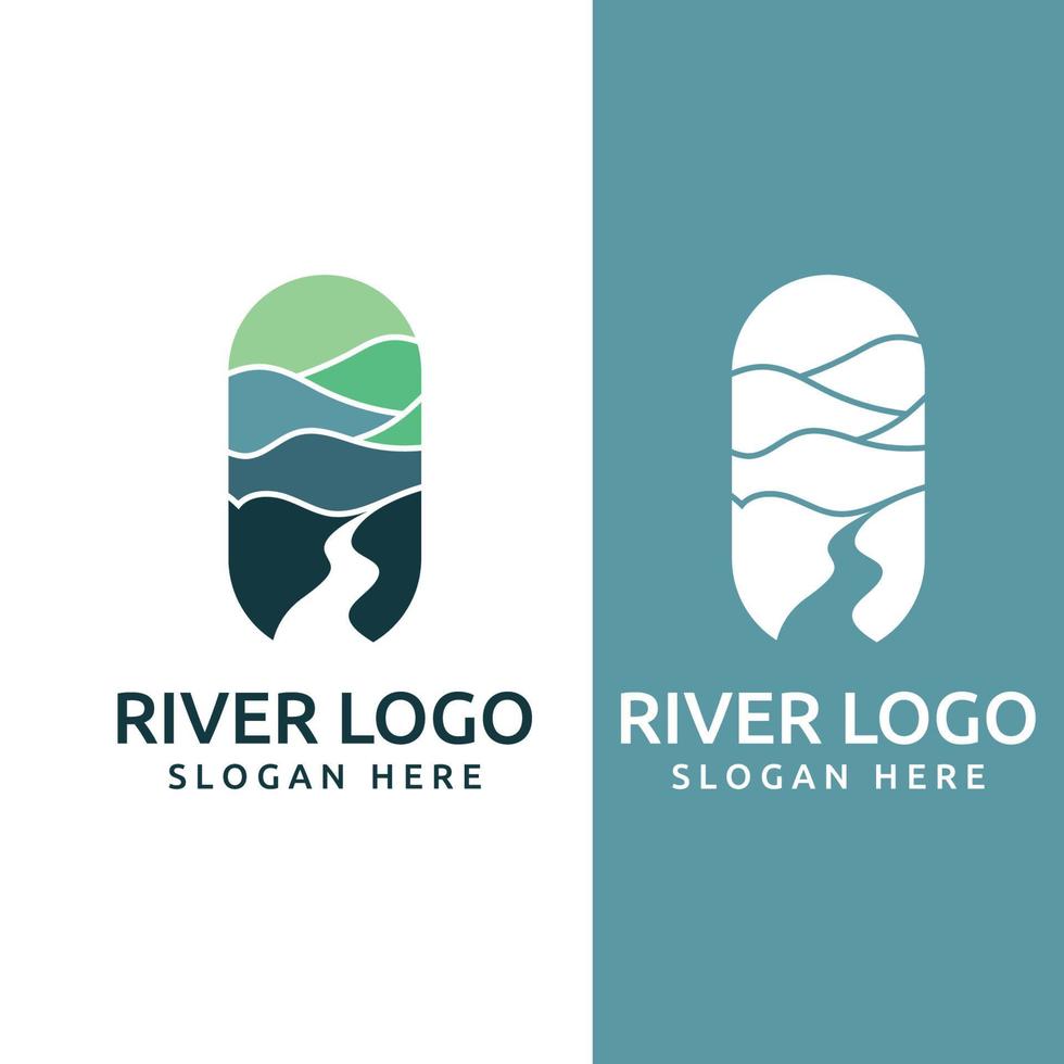 logos van rivieren, kreken, rivieroevers en stromen. rivier- logo met combinatie van bergen en bouwland met concept ontwerp vector illustratie sjabloon.