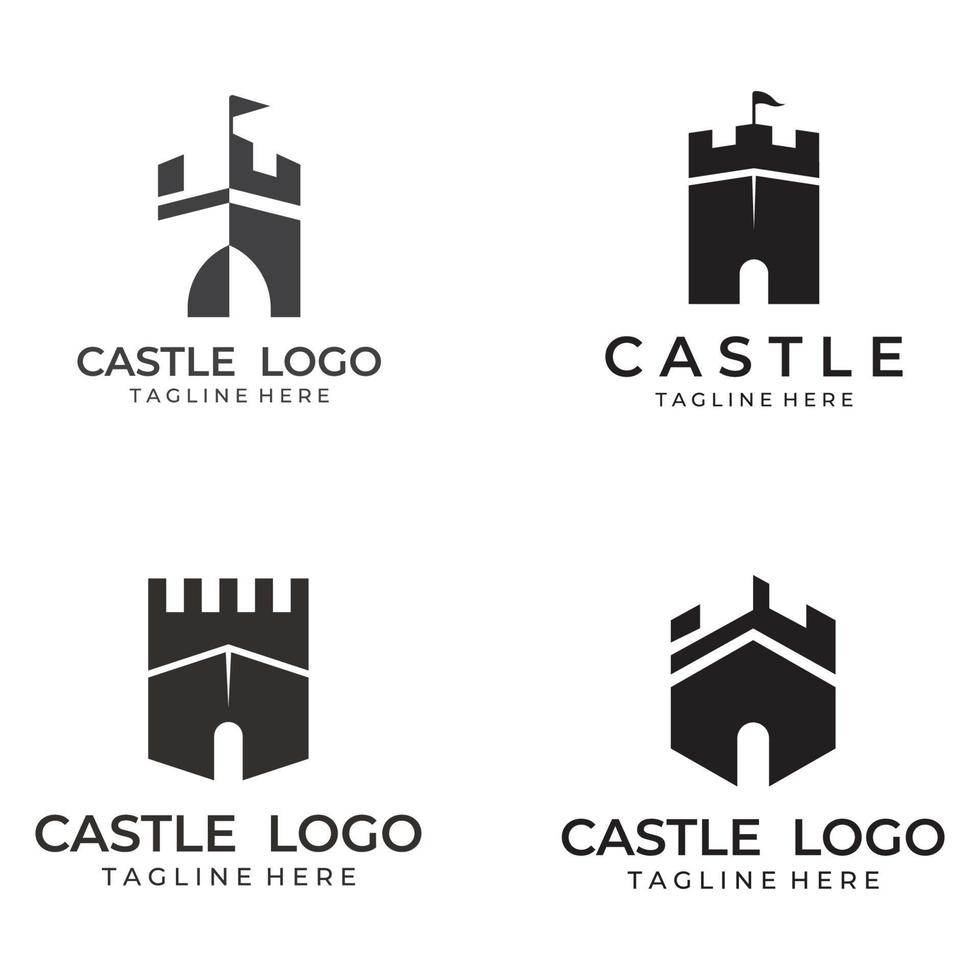 kasteel logo silhouet, kasteel logo met schild combinatie vector illustratie ontwerpsjabloon.