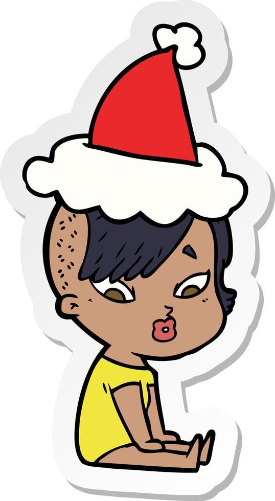 sticker cartoon van een verrast meisje met een kerstmuts vector