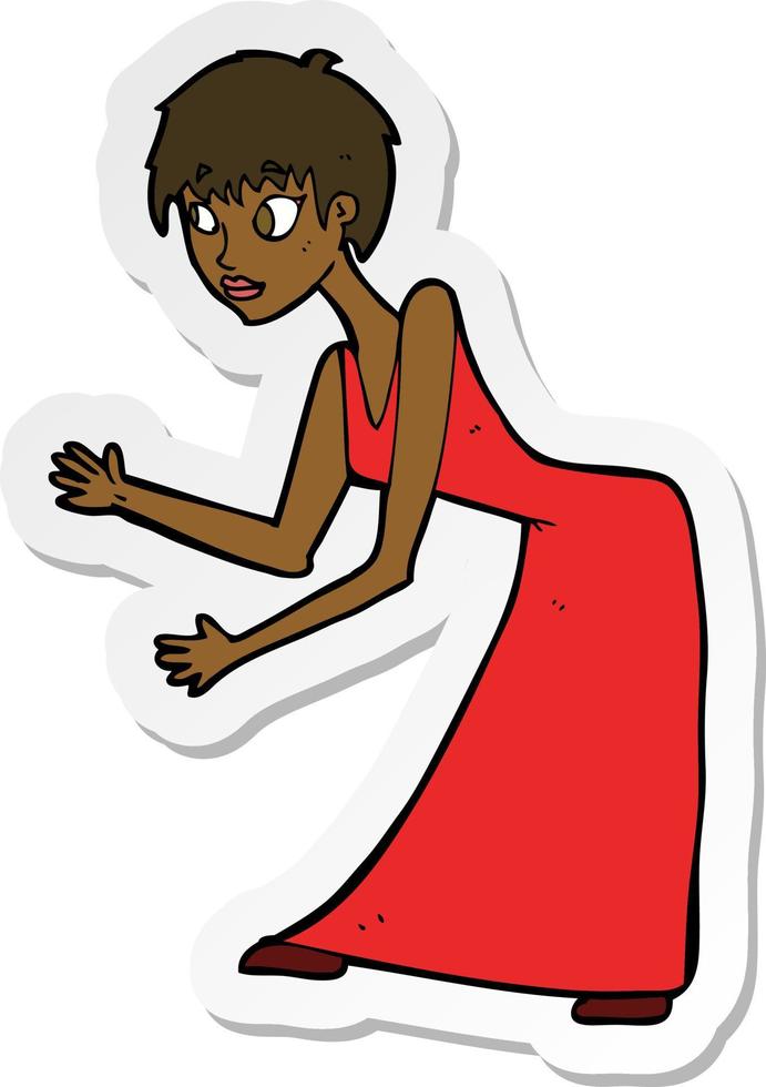 sticker van een tekenfilm vrouw in jurk gebaren vector