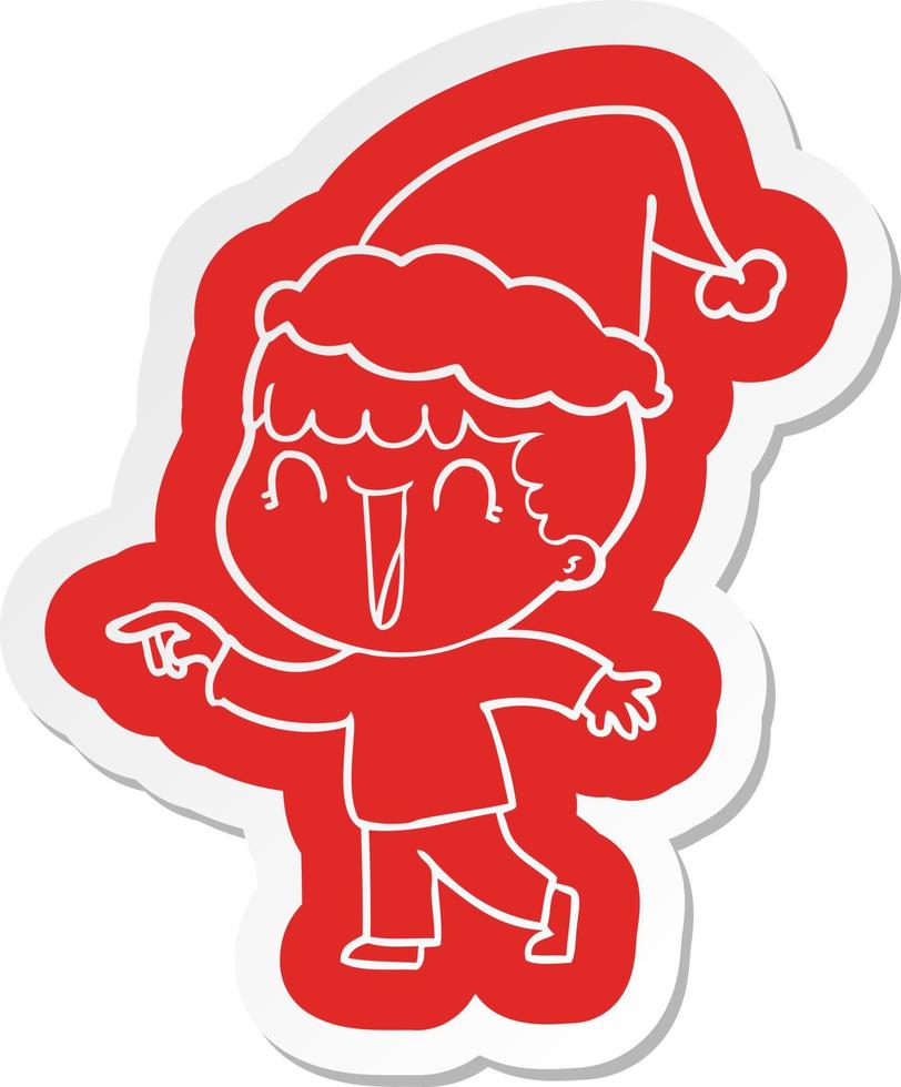 lachend tekenfilm sticker van een Mens richten vervelend de kerstman hoed vector