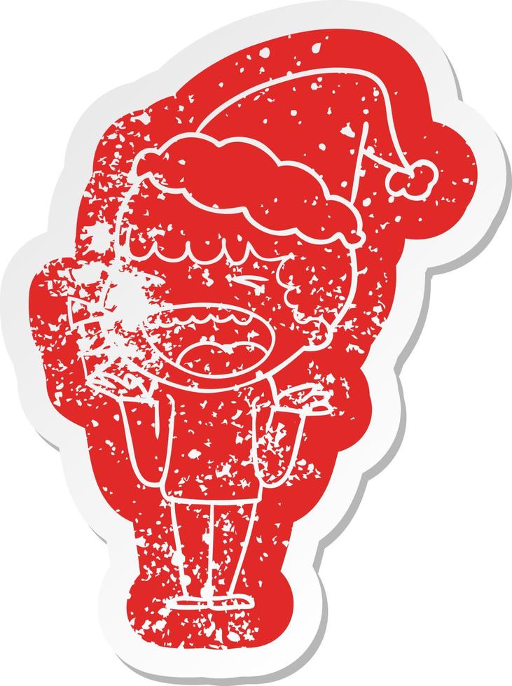 cartoon noodlijdende sticker van een lachende man met een kerstmuts vector