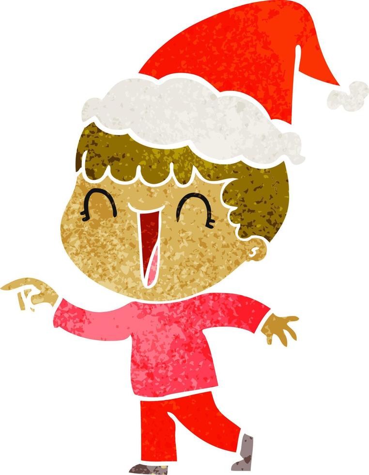 lachend retro tekenfilm van een Mens richten vervelend de kerstman hoed vector