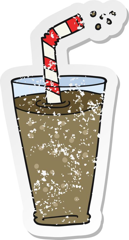 retro verontrust sticker van een tekenfilm koolzuurhoudend drinken in glas vector