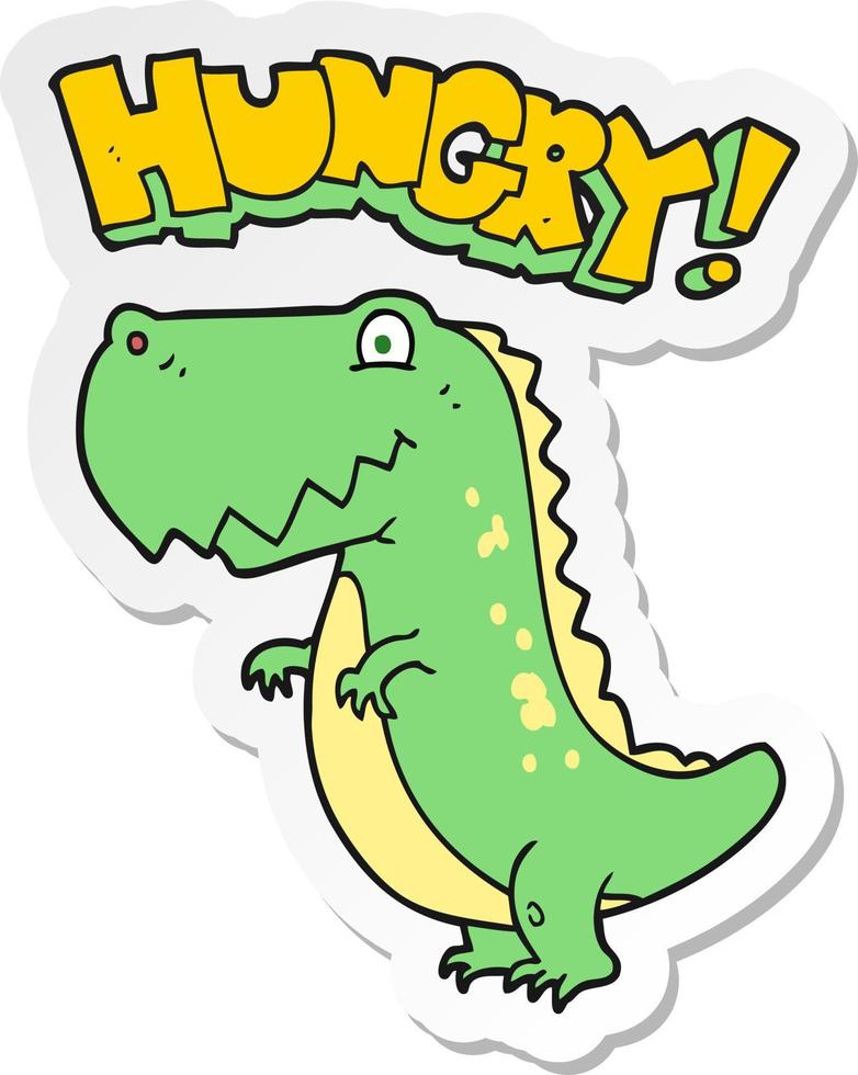 sticker van een tekenfilm hongerig dinosaurus vector